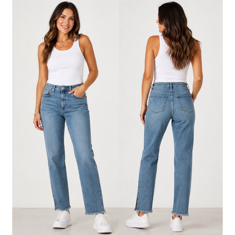 Free People We The Free Straight Leg Jeans Medium Wash Raw Hem Side Slit Size 30